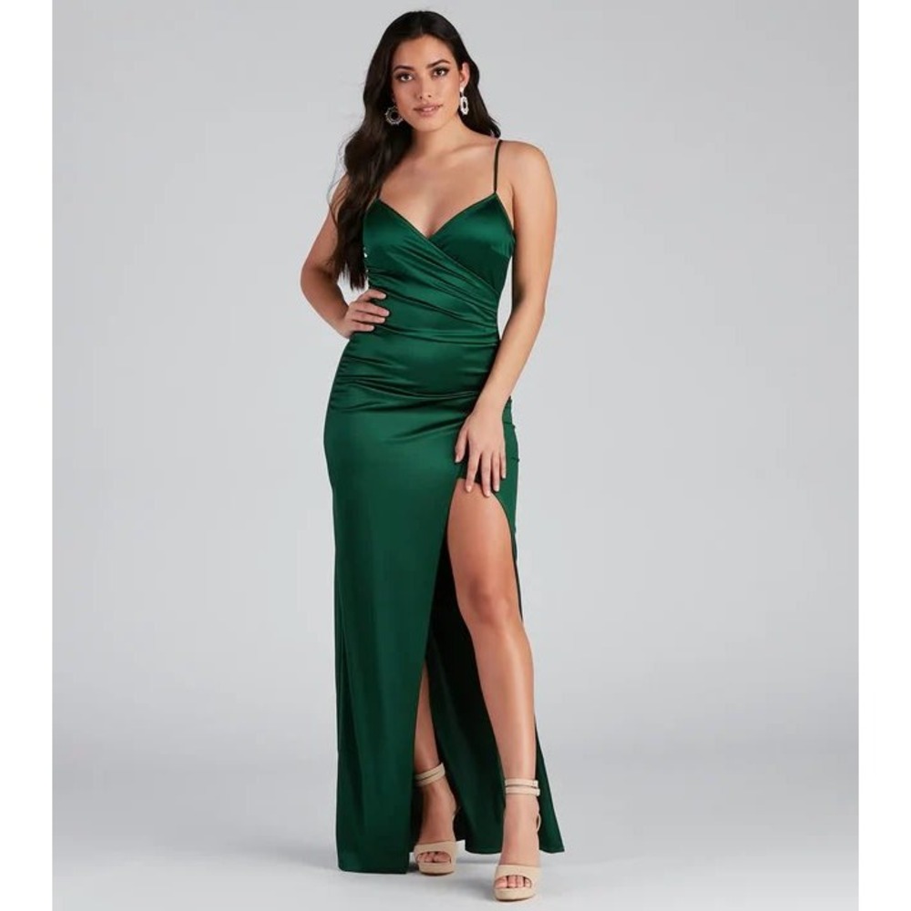Windsor Emerald Green Satin Ruched Maxi Dress High Slit Formal Gown Mens M
